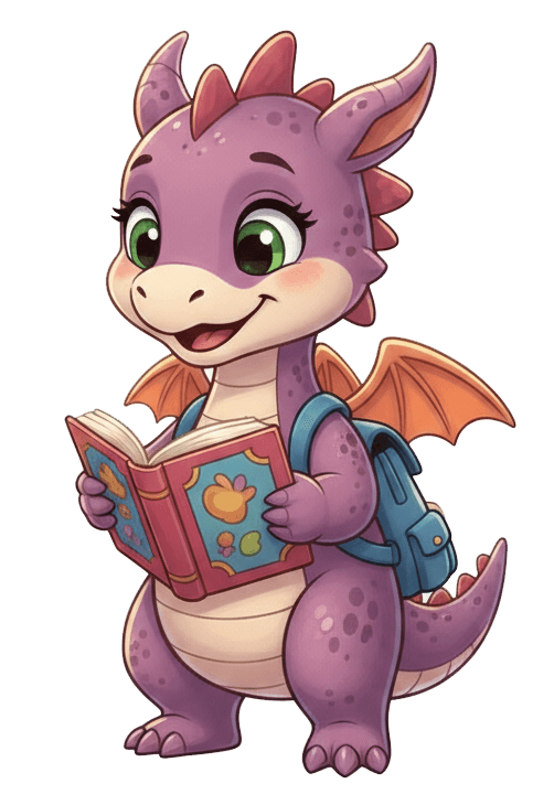 Cute dragon character reading a storybook