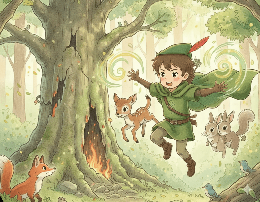 Boy adventurer in an enchanted forest with animal friends