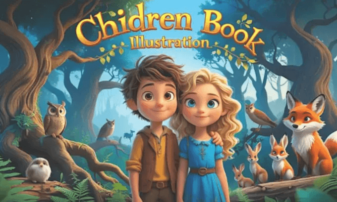 Two children in a magical forest storybook illustration